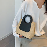 Retro Straw Tote Bag - Woven Handbag with Contrast Panel & Round Handles