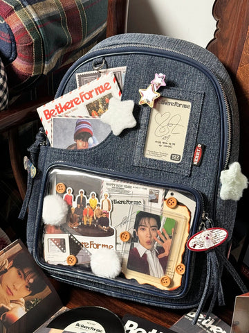 Dark blue Large Capacity Anime Denim Bookbag for School Commute  Anime Fans
