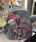 Dark blue Large Capacity Anime Denim Bookbag for School Commute  Anime Fans