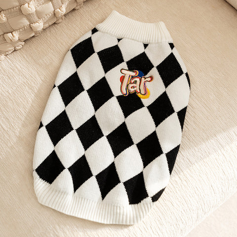 Classic Argyle Dog Sweater - Black & White Knit for Corgis & Medium Breeds (Size : M)