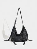 Distressed Black Denim Messenger Bag - Rivet Detail, Adjustable Strap, Large Streetwear Tote