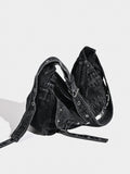 Distressed Black Denim Messenger Bag - Rivet Detail, Adjustable Strap, Large Streetwear Tote