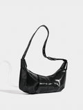 Chic Ruched Faux Leather Bag - Vintage Inspired Croissant Style, Black