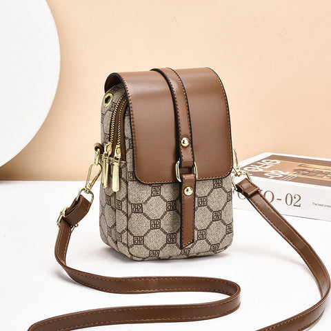 Brown Chic Round Mini Crossbody Phone Purse - PU Leather Vertical Shoulder Bag with Headphone Port