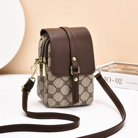 Coffee Chic Round Mini Crossbody Phone Purse - PU Leather Vertical Shoulder Bag with Headphone Port