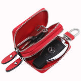 Dark Blue Compact Crossgrain Leather Double Zipper Key Case - Stylish Car & Home Key Organizer