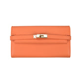 Orange Elegant Women's Turn Lock Long Wallet - Black PU Leather Clutch Purse with Card Slots & Zipper Pocket