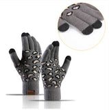 Light Grey Women's 3-Piece Winter Knit Set - Leopard Print Plush Lined Beanie Hat, Scarf & Touchscreen Gloves