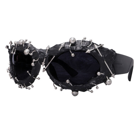 Black Edgy Punk Rock Spiked Sunglasses - Statement Goth Studded Eyewear
