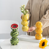 Green and Red Whimsical Stacked Watermelon Ceramic Vase - Novelty Tabletop Decor