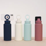 Silver and Black 1L Stainless Steel Water Bottle with Magnetic Phone Holder Lid - Portable Hydration & Hands-Free Stand
