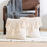 Beige Boho Chic Macrame Cushion Cover - Handmade Woven Cotton Linen Pillow Case with Tassels - Decorative Throw Pillow Sham 45x45cm (Cover Only)