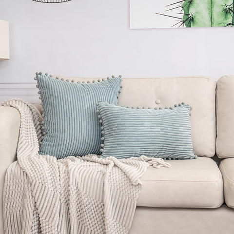 Blue Soft Corduroy Cushion Cover Set (1 Square + 1 Rectangular) with Pom Pom Trim - Decorative Throw Pillow Cases for Sofa Couch