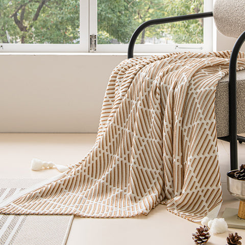 Brown and Beige Diamond Pattern Soft Cozy Knit Throw Blanket with Tassels - Geometric Pattern Lightweight Acrylic Blanket for Sofa Couch Bed, 130x150cm