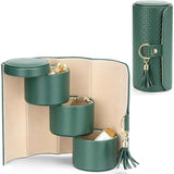 Beige and Pink Elegant 3-Tier Cylindrical Travel Jewellery Box - PU Leather Organizer for Rings Earrings Necklaces with Tassel Charm