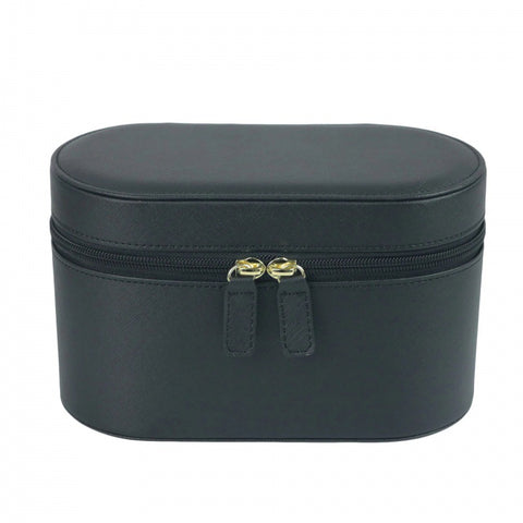 Black Elegant PU Leather Makeup & Toiletry Bag - Large Capacity Travel Cosmetic Organizer with Brush Holder