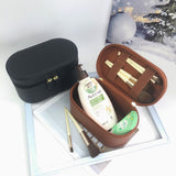 Black Elegant PU Leather Makeup & Toiletry Bag - Large Capacity Travel Cosmetic Organizer with Brush Holder