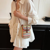 Khaki Boho Chic Woven Straw Crossbody Bag - Colourful Striped Mini Phone Pouch with Toggle Closure