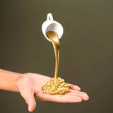 2 Pcs White Cup With Golden "Spill" And Base Magic Pouring Coffee Cup Sculpture - Unique Resin Tabletop Art Accent