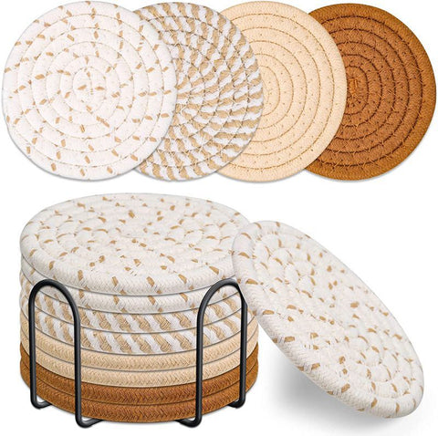Beige and Khaki Absorbent Woven Cotton Coasters - Set of 8 with Metal Holder - Heat Resistant Drink Mats for Table Protection