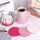 Beige and Pink Absorbent Woven Cotton Coasters - Set of 8 with Metal Holder - Heat Resistant Drink Mats for Table Protection