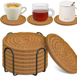 Brown Absorbent Woven Cotton Coasters - Set of 8 with Metal Holder - Heat Resistant Drink Mats for Table Protection
