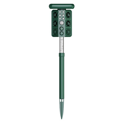 Green Solar Powered Ultrasonic Animal Repeller - Multi-Frequency Pest Deterrent with Motion Sensor, LED Strobe & Illumination Light