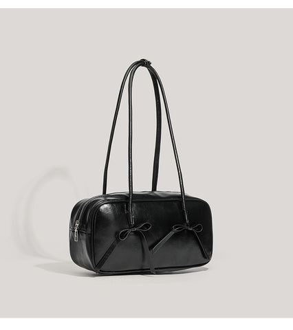 Black Chic PU Leather Baguette Shoulder Bag - Elegant Bow Accent Underarm Handbag for Women