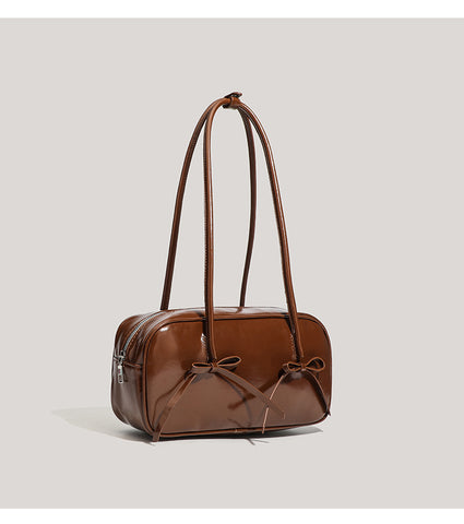 Coffee Chic PU Leather Baguette Shoulder Bag - Elegant Bow Accent Underarm Handbag for Women