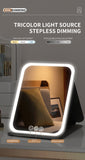 Black Large Foldable LED Makeup Mirror - Portable Desktop Vanity with 3 Color Lights, Stepless Dimming & Adjustable Stand