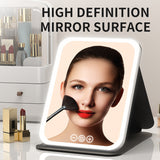 Black Small Foldable LED Makeup Mirror - Portable Desktop Vanity with 3 Color Lights, Stepless Dimming & Adjustable Stand