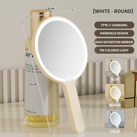 Light Yellow Round Portable Handheld LED Makeup Mirror - USB-C Rechargeable with 3 Color Light Modes for On-The-Go Touch-Ups