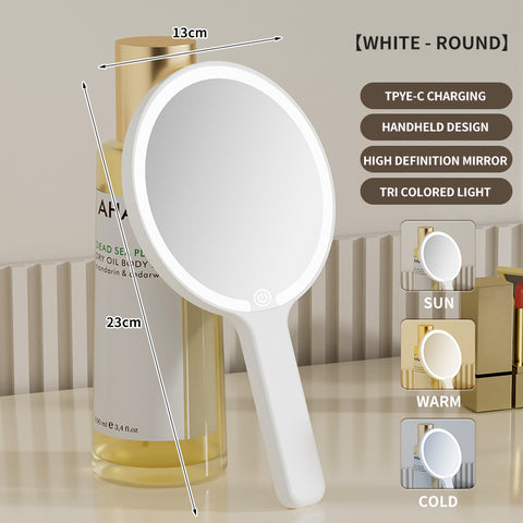 White Round Portable Handheld LED Makeup Mirror - USB-C Rechargeable with 3 Color Light Modes for On-The-Go Touch-Ups