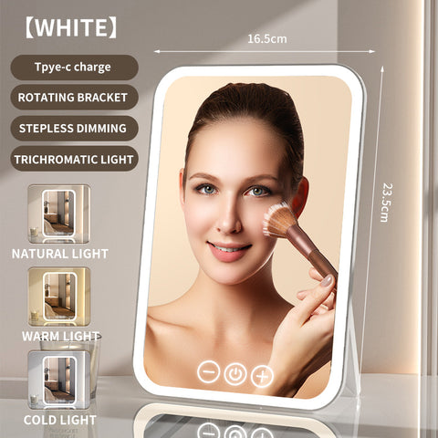 White Professional LED Vanity Mirror - 3 Color Lights, Stepless Dimming & Adjustable Rotating Stand, USB-C Rechargeable