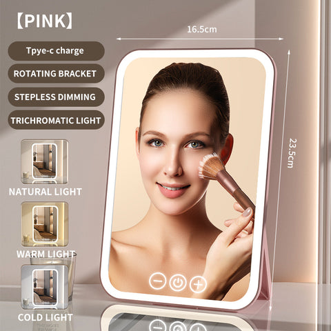 Pink Professional LED Vanity Mirror - 3 Color Lights, Stepless Dimming & Adjustable Rotating Stand, USB-C Rechargeable