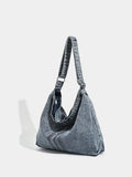 Grey Retro Washed Denim Hobo Bag - Large Capacity Shoulder & Crossbody Tote for Casual Everyday & Commute
