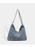 Grey Retro Washed Denim Hobo Bag - Large Capacity Shoulder & Crossbody Tote for Casual Everyday & Commute