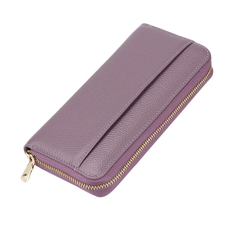 Purple Premium Genuine Leather RFID Blocking Long Wallet - Unisex Multi-Card Organizer Clutch with Zip-Around Closure