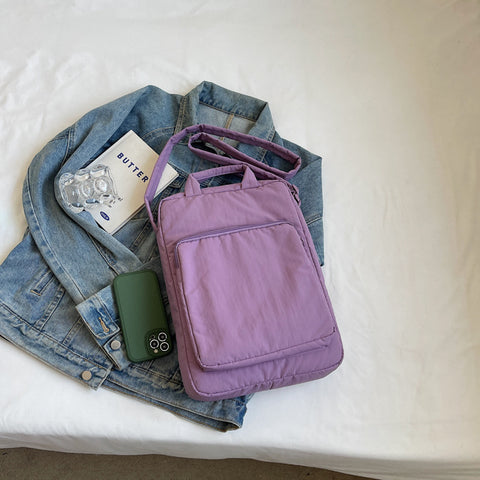 Purple Lightweight Nylon Vertical Crossbody Tote Bag - Casual Shoulder Bag with Adjustable Strap & Pockets