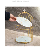 Gold and White Elegant 2-Tier Gold Birdcage Cosmetic Organizer - Wrought Iron Countertop Storage Rack for Skincare, Makeup & Jewelry