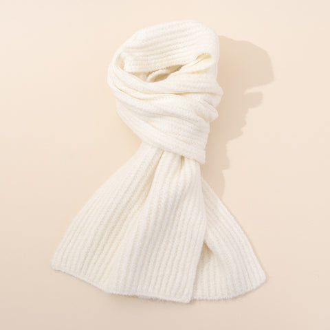 White Soft Ribbed Knit Winter Scarf - Cozy Warm Wool Blend Neck Wrap (160x25cm)