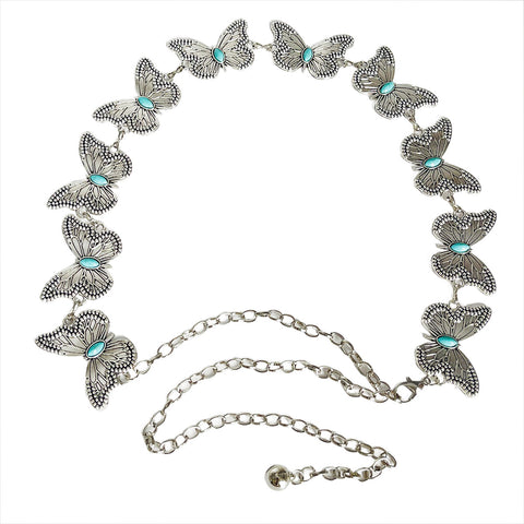 Turquoise Butterfly Belt Chain-Silver Set of 4 Bohemian Ethnic Style Metal Waist Chains - Versatile Fashion Belts for Dresses & Shirts