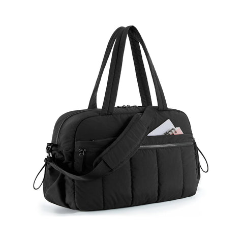 Black Large Capacity Quilted Travel Tote Bag - Waterproof Gym Duffel with Wet Pocket (42x19x30cm)
