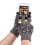 Dark Grey Women's Leopard Print Winter Warm Knit Set - 3 Piece Fleece Lined Hat, Scarf & Gloves