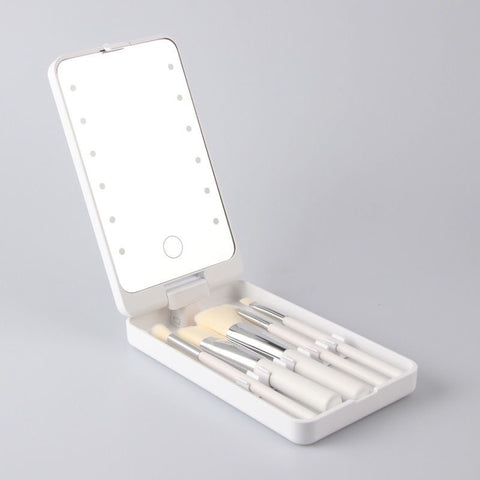 White LED Lighted Makeup Mirror with 5-Piece Cosmetic Brush Set and Dustproof Storage Case