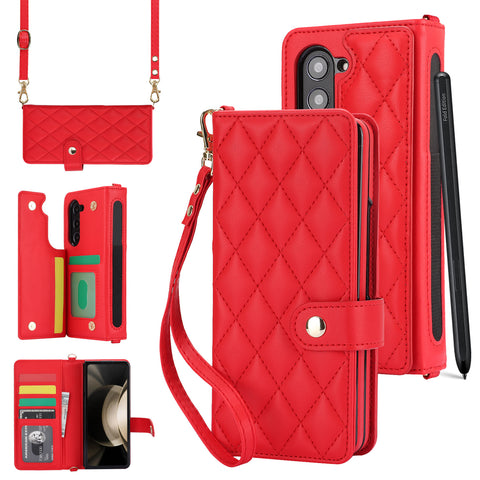 Galaxy Z Fold3 Multi-Functional Leather Wallet Case for Samsung Z Fold Series - Crossbody with Pen Slot, Quilted Design