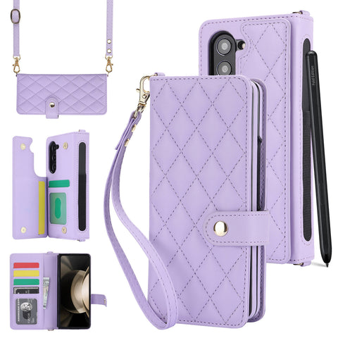 Purple Galaxy Z Fold5 Multi-Functional Leather Wallet Case for Samsung Z Fold Series - Crossbody with Pen Slot, Quilted Design