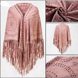 Pink Suede Wheat Tassel Triangle Scarf - Autumn Warm Shawl for Women, Hollow-Out Fringe Design