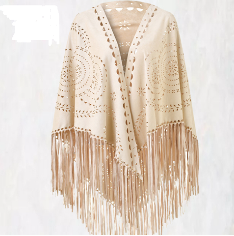 Beige Suede Wheat Tassel Triangle Scarf - Autumn Warm Shawl for Women, Hollow-Out Fringe Design