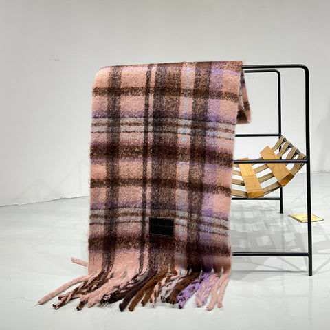 Purple-pink Plaid Color-Block Women's Scarf - Autumn/Winter Thick Warm Neck Wrap with Tassels